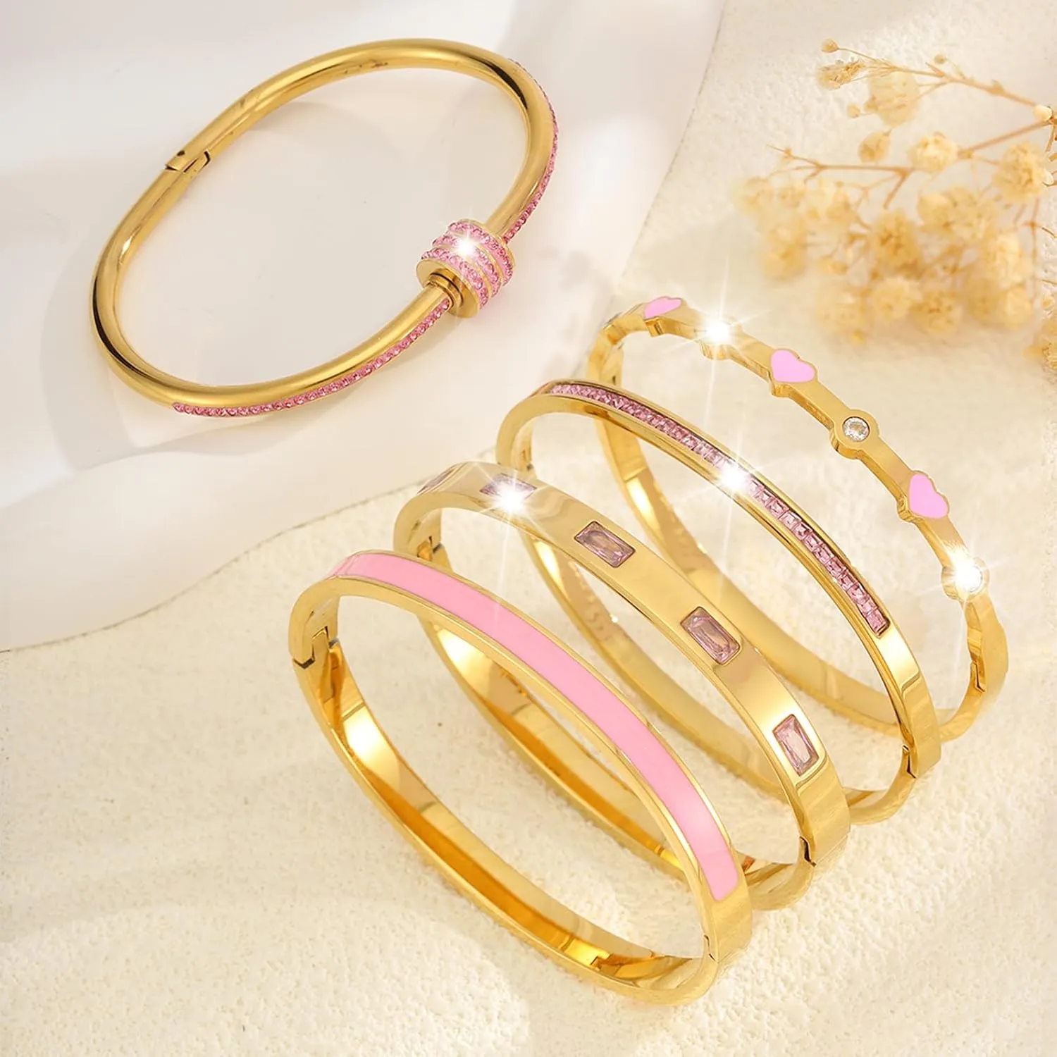 5-Piece Stackable Gold Bangle Bracelet Set for Women - 18K Gold Plated Stainless Steel with Pink Crystal Friendship & Love Heart Bracelet Jewelry Gift for Her