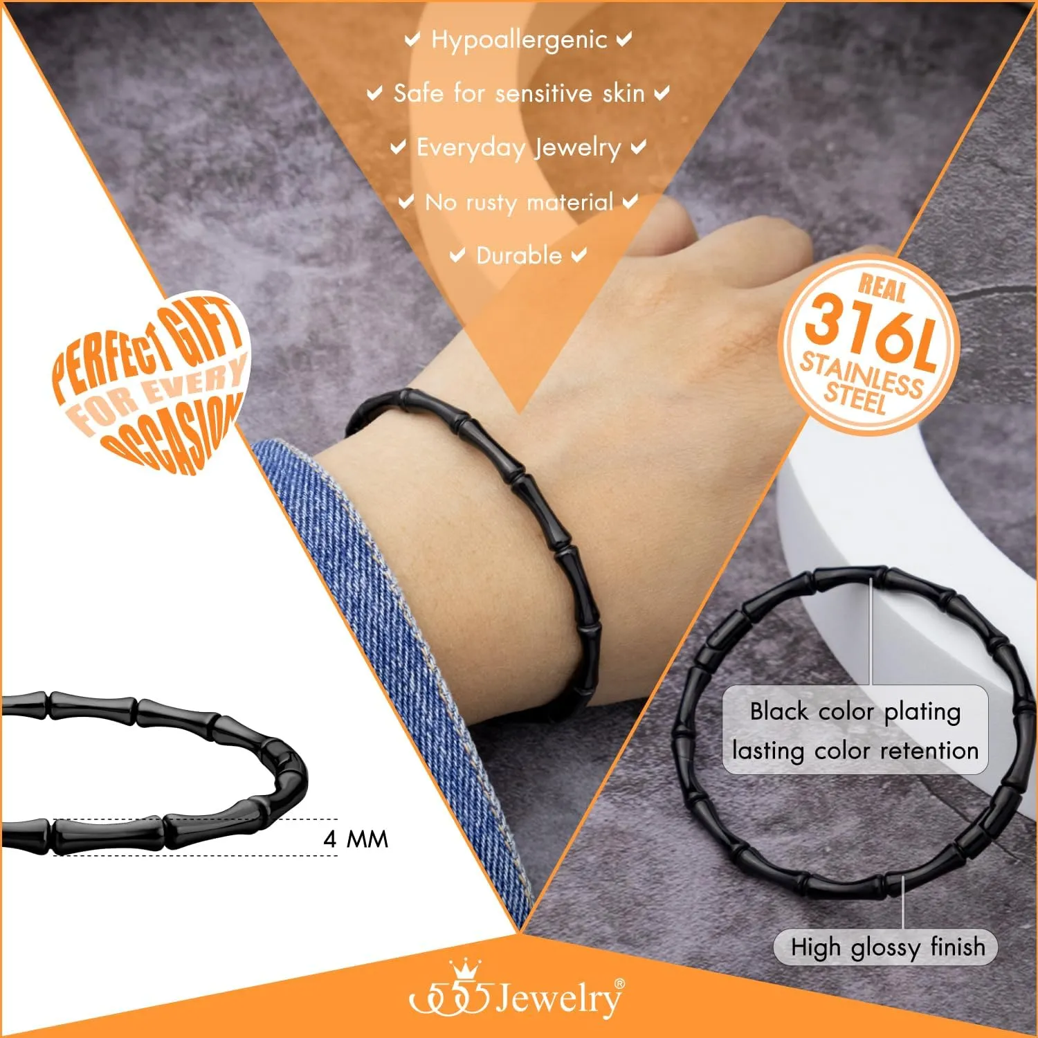 555Jewelry Stainless Steel Beaded Bracelets for Women 4mm Thick Classic Ball Bead Bracelet Simple Plain Bangle Bracelet for Men