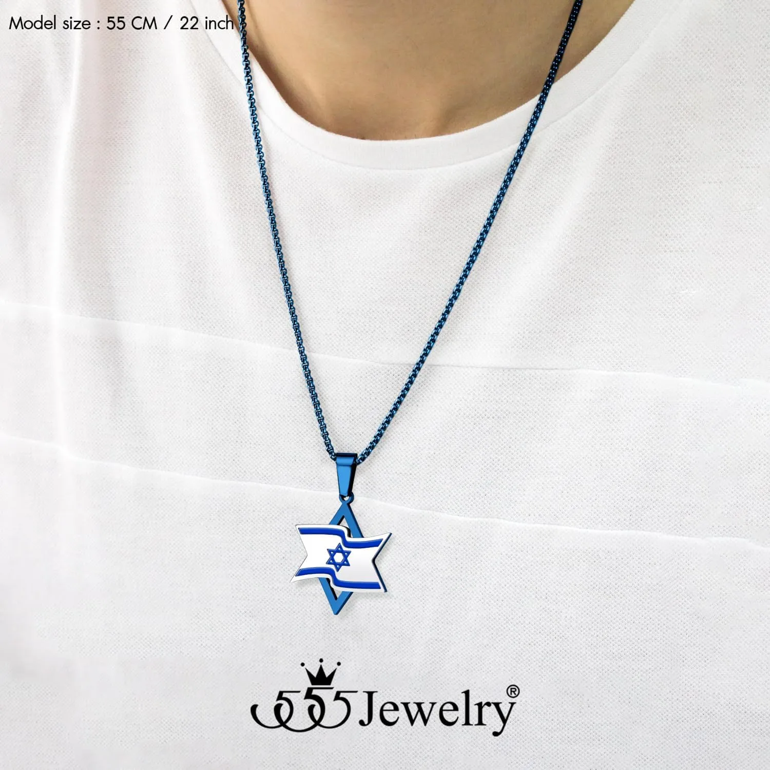 555Jewelry Stand With Israel Star of David Necklace for Men, Stainless Steel Jewish Star Necklace for Women with Israel Flag and 16-24 Inch Chain