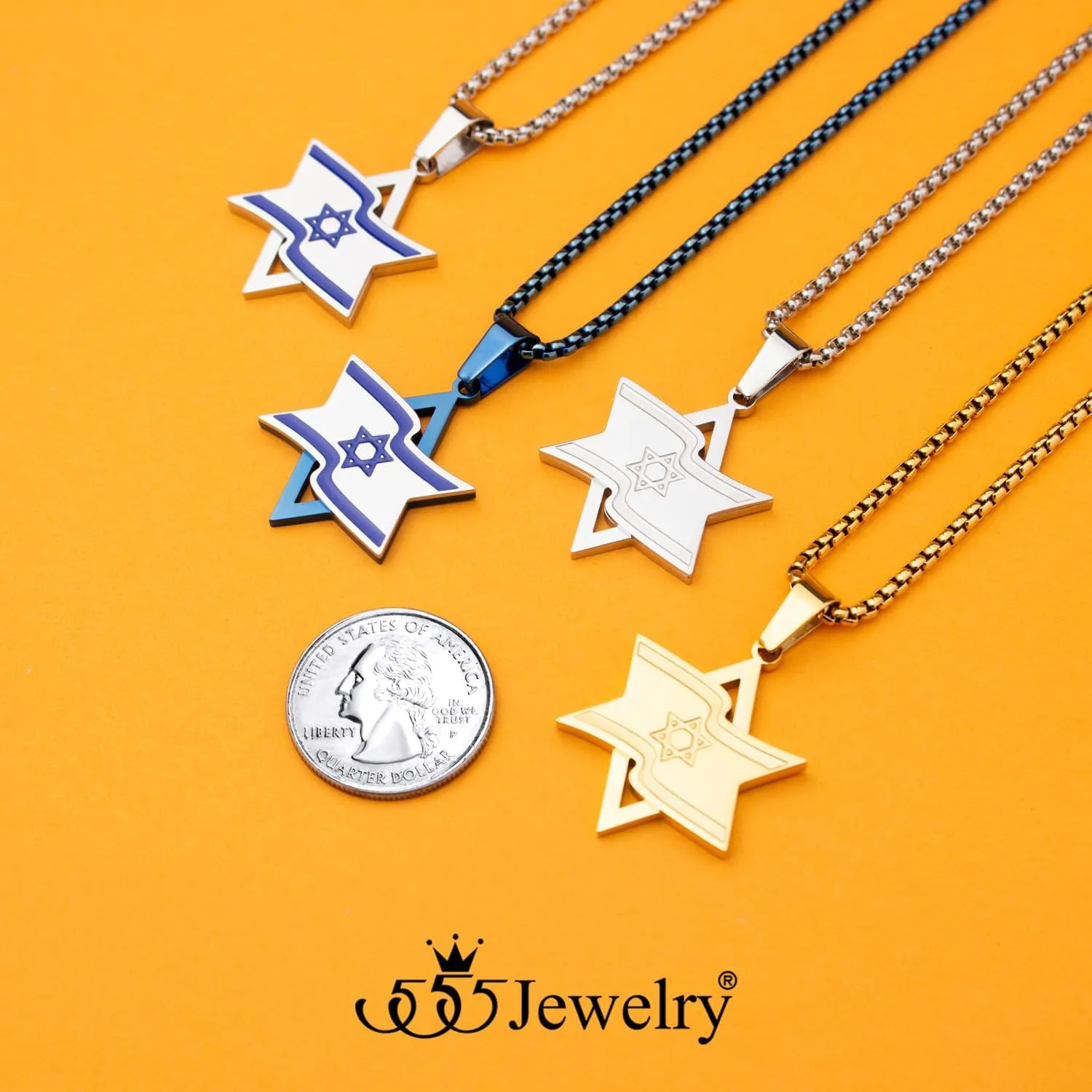 555Jewelry Stand With Israel Star of David Necklace for Men, Stainless Steel Jewish Star Necklace for Women with Israel Flag and 16-24 Inch Chain