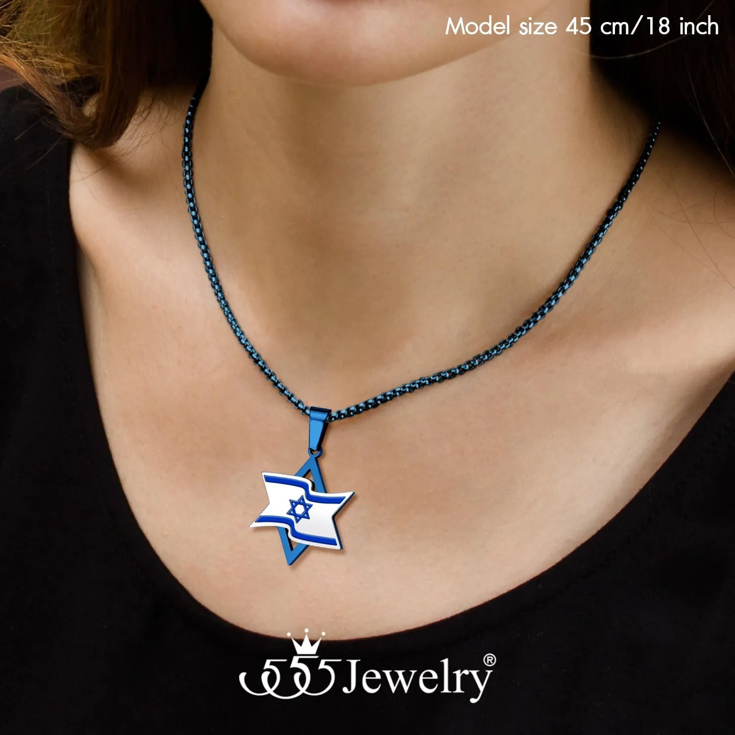 555Jewelry Stand With Israel Star of David Necklace for Men, Stainless Steel Jewish Star Necklace for Women with Israel Flag and 16-24 Inch Chain