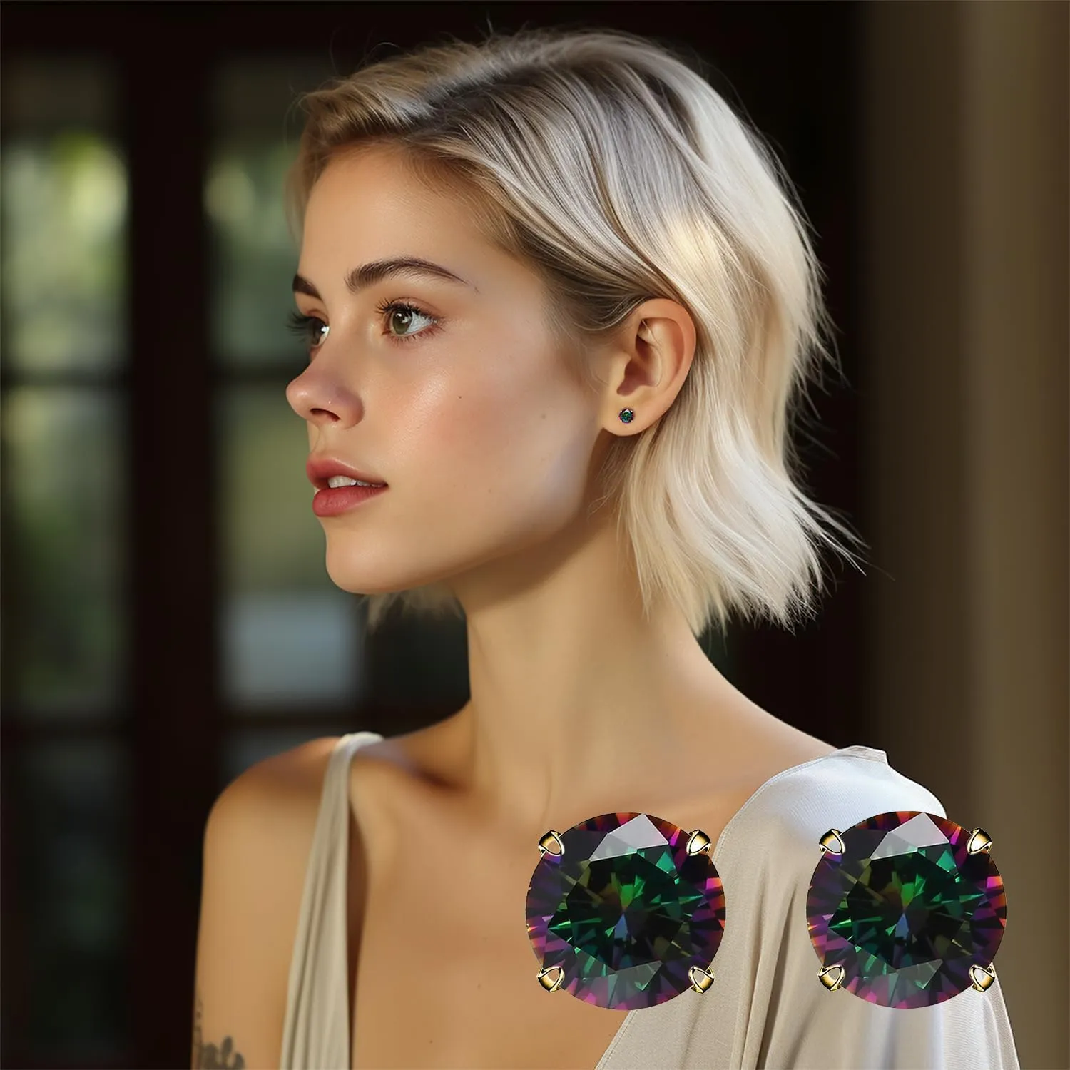 5A Stunning Rainbow Rose Gold Black Hypoallergenic Quartz Stone Surgical 316L Stainless Steel,Hypoallergenic Tragus Cartilage Sleeper Earrings,Earring Stud Gift Box,Men Women Womens Mens