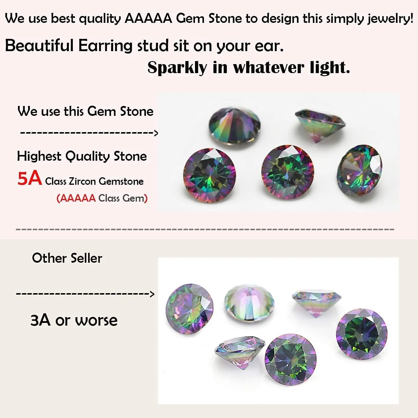 5A Stunning Rainbow Rose Gold Black Hypoallergenic Quartz Stone Surgical 316L Stainless Steel,Hypoallergenic Tragus Cartilage Sleeper Earrings,Earring Stud Gift Box,Men Women Womens Mens