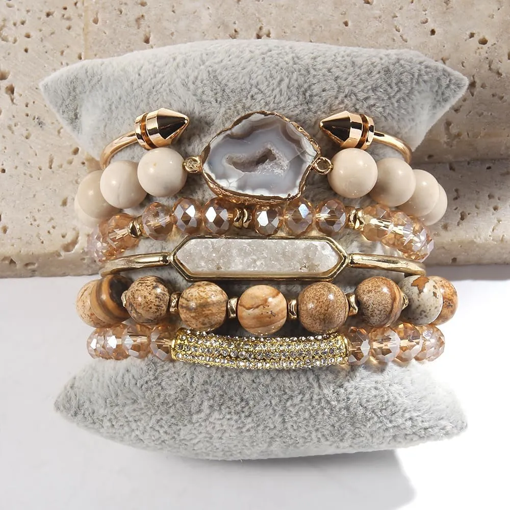 5PCS 6PCS Natural Boho Beaded Bracelets/Bangle for Women Men,Healing Turquoise Jasper Agate Crystal Gemstone Stone Chakra Multilayer Wrap Bohemian Handmade Jewelry Beads Stretch Bracelet Set