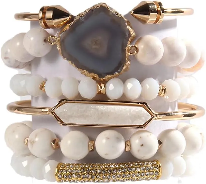 5PCS 6PCS Natural Boho Beaded Bracelets/Bangle for Women Men,Healing Turquoise Jasper Agate Crystal Gemstone Stone Chakra Multilayer Wrap Bohemian Handmade Jewelry Beads Stretch Bracelet Set