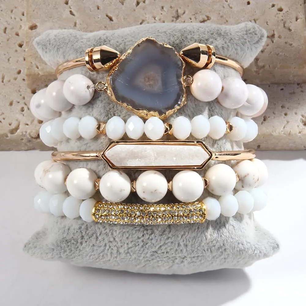 5PCS 6PCS Natural Boho Beaded Bracelets/Bangle for Women Men,Healing Turquoise Jasper Agate Crystal Gemstone Stone Chakra Multilayer Wrap Bohemian Handmade Jewelry Beads Stretch Bracelet Set