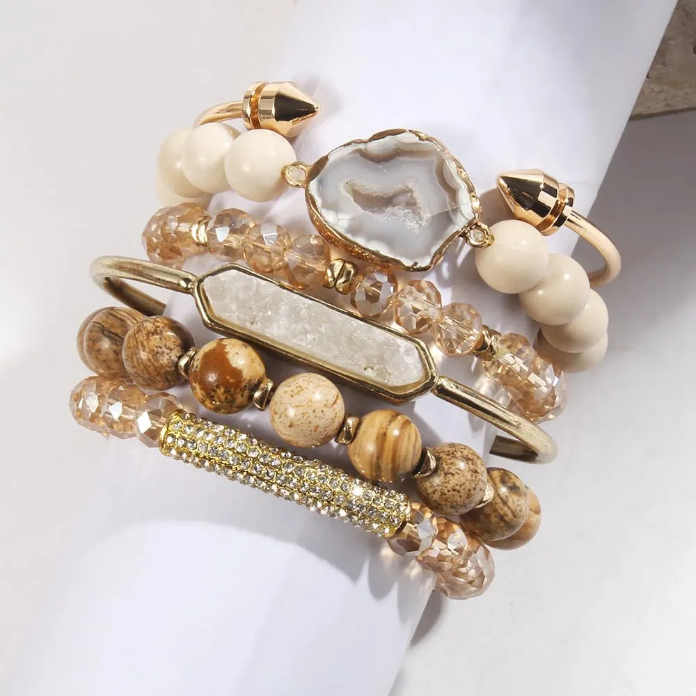 5PCS 6PCS Natural Boho Beaded Bracelets/Bangle for Women Men,Healing Turquoise Jasper Agate Crystal Gemstone Stone Chakra Multilayer Wrap Bohemian Handmade Jewelry Beads Stretch Bracelet Set