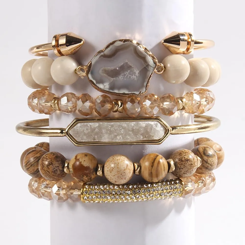 5PCS 6PCS Natural Boho Beaded Bracelets/Bangle for Women Men,Healing Turquoise Jasper Agate Crystal Gemstone Stone Chakra Multilayer Wrap Bohemian Handmade Jewelry Beads Stretch Bracelet Set
