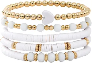 5Pcs Heishi Beaded Stretch Bracelets Bohemian Stackable Bracelet Heart Clay Gold Beaded Bracelet for Women Multi-Layer Friendship Summer Beach Jewelry