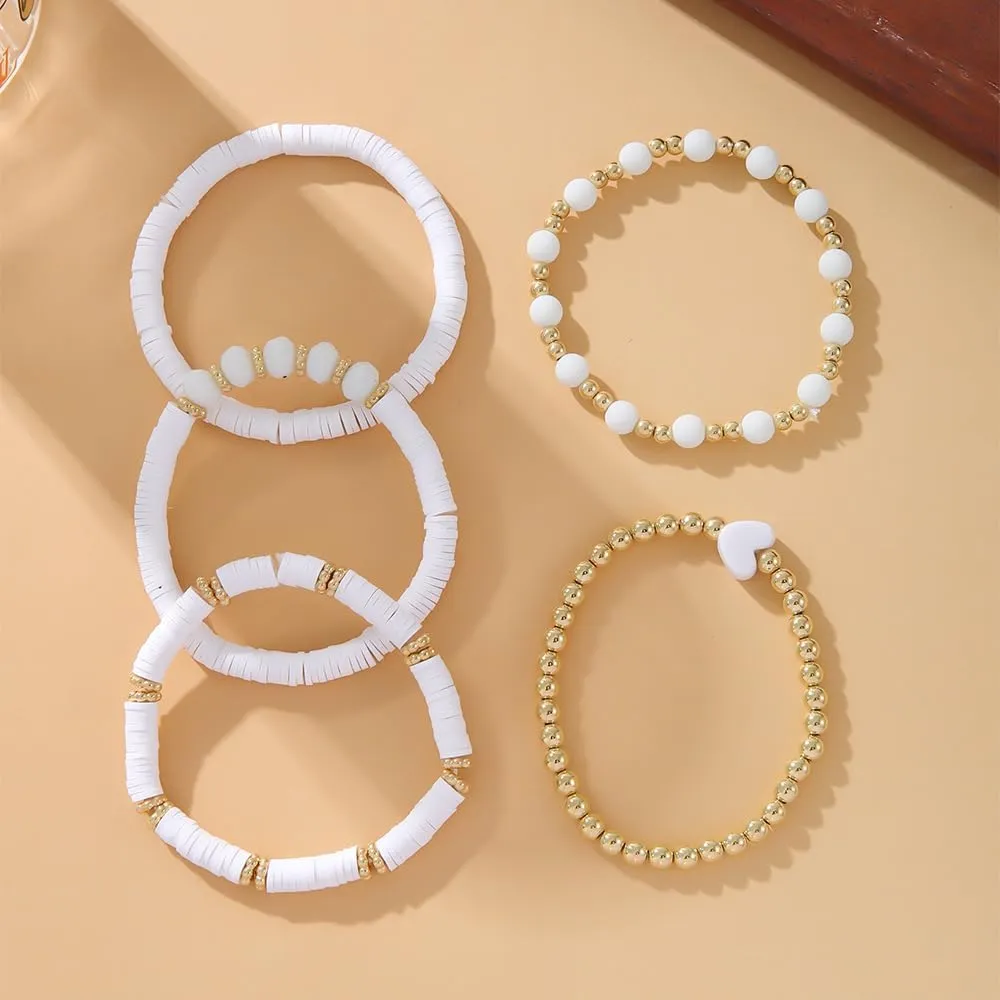 5Pcs Heishi Beaded Stretch Bracelets Bohemian Stackable Bracelet Heart Clay Gold Beaded Bracelet for Women Multi-Layer Friendship Summer Beach Jewelry