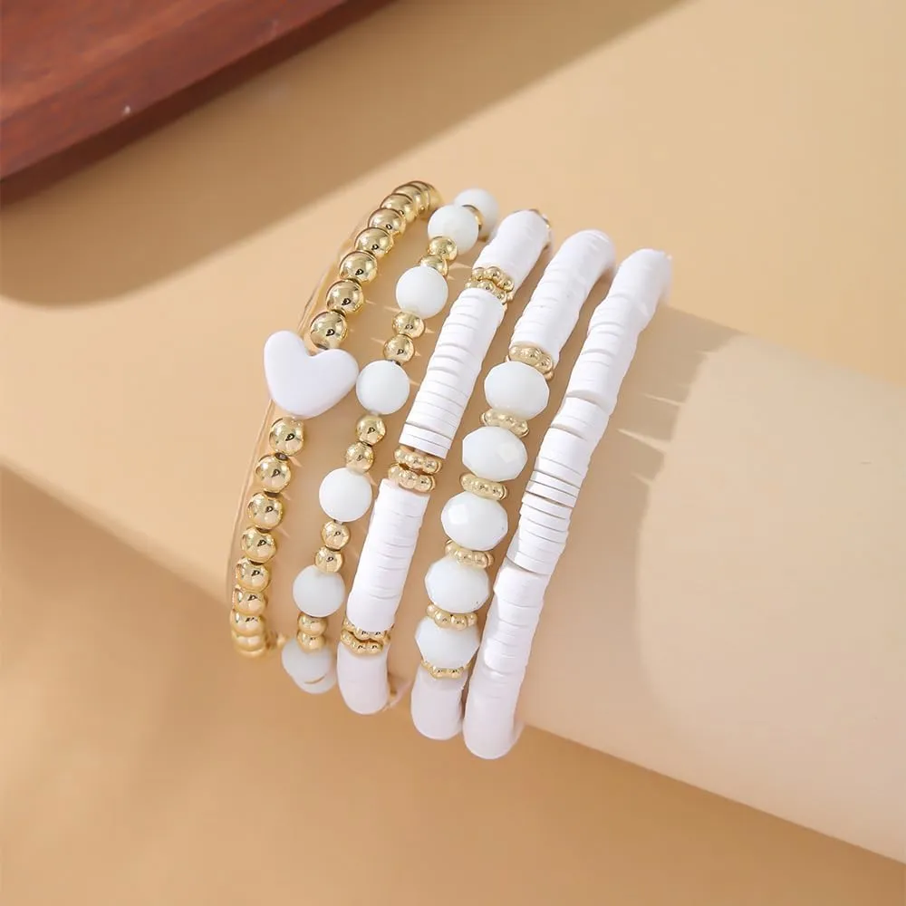 5Pcs Heishi Beaded Stretch Bracelets Bohemian Stackable Bracelet Heart Clay Gold Beaded Bracelet for Women Multi-Layer Friendship Summer Beach Jewelry