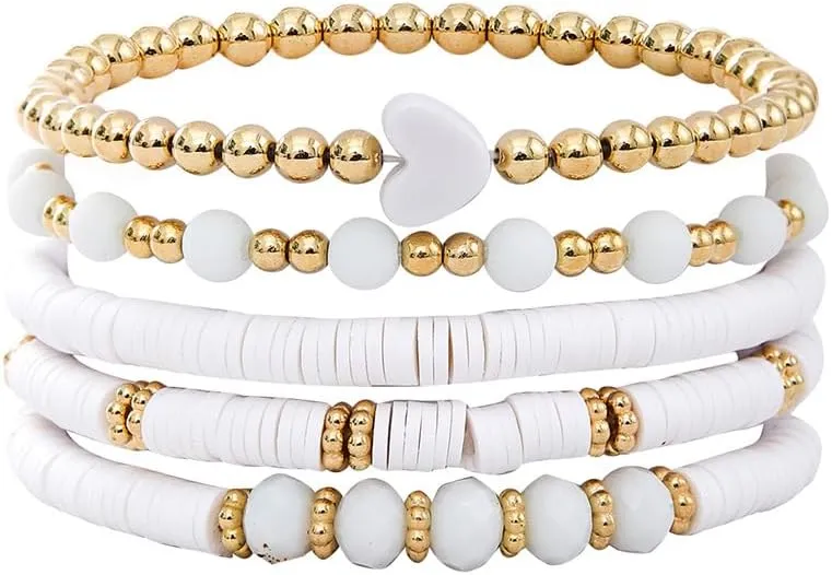 5Pcs Heishi Beaded Stretch Bracelets Bohemian Stackable Bracelet Heart Clay Gold Beaded Bracelet for Women Multi-Layer Friendship Summer Beach Jewelry