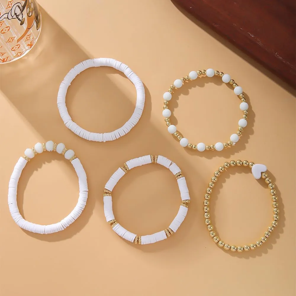 5Pcs Heishi Beaded Stretch Bracelets Bohemian Stackable Bracelet Heart Clay Gold Beaded Bracelet for Women Multi-Layer Friendship Summer Beach Jewelry