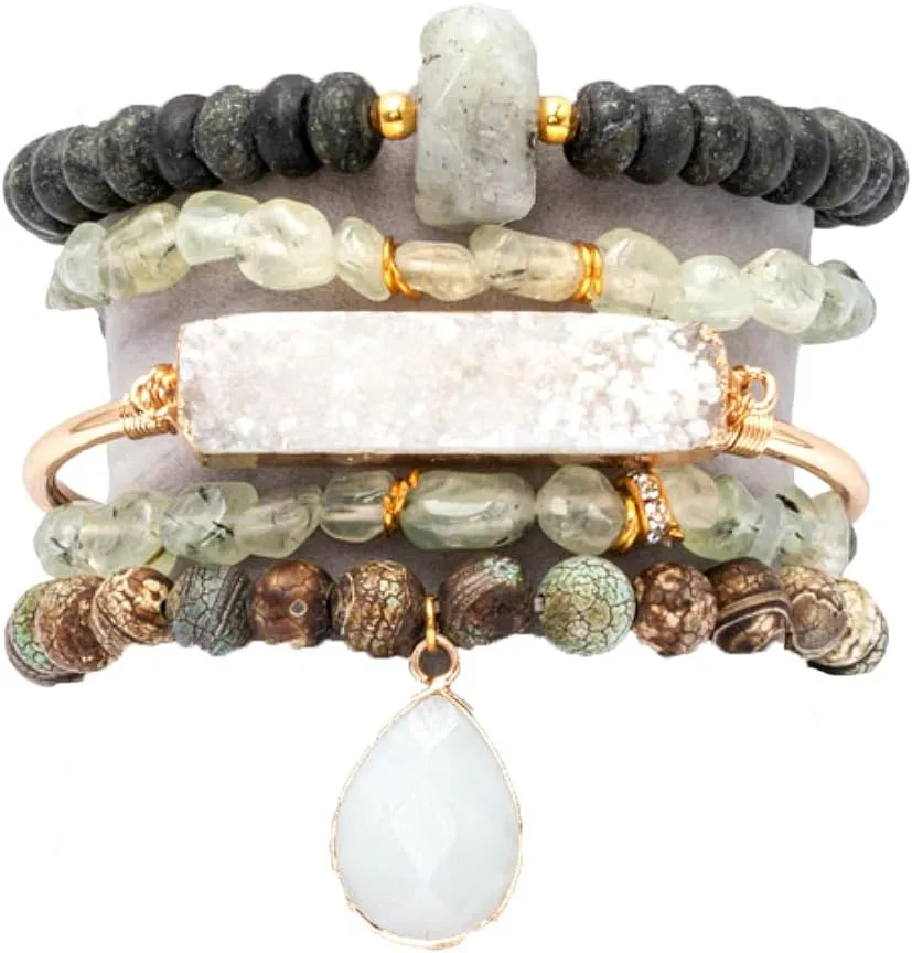 5PCS Natural Boho Beaded Bracelets Bangle for Women Men,Healing Turquoise Jasper Agate Crystal Gemstone Stone Chakra Multilayer Wrap Bohemian Handmade Jewelry Beads Stretch Bracelet Set