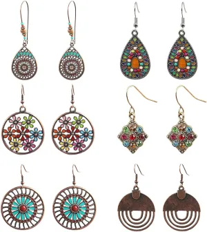 6 Pairs Bohemian Vintage Dangle Earrings Retro Rhinestone Teardrop Hollow Leaf Sunflower Earrings for Women Geometric Round Colorful Jewelry Earrings Set