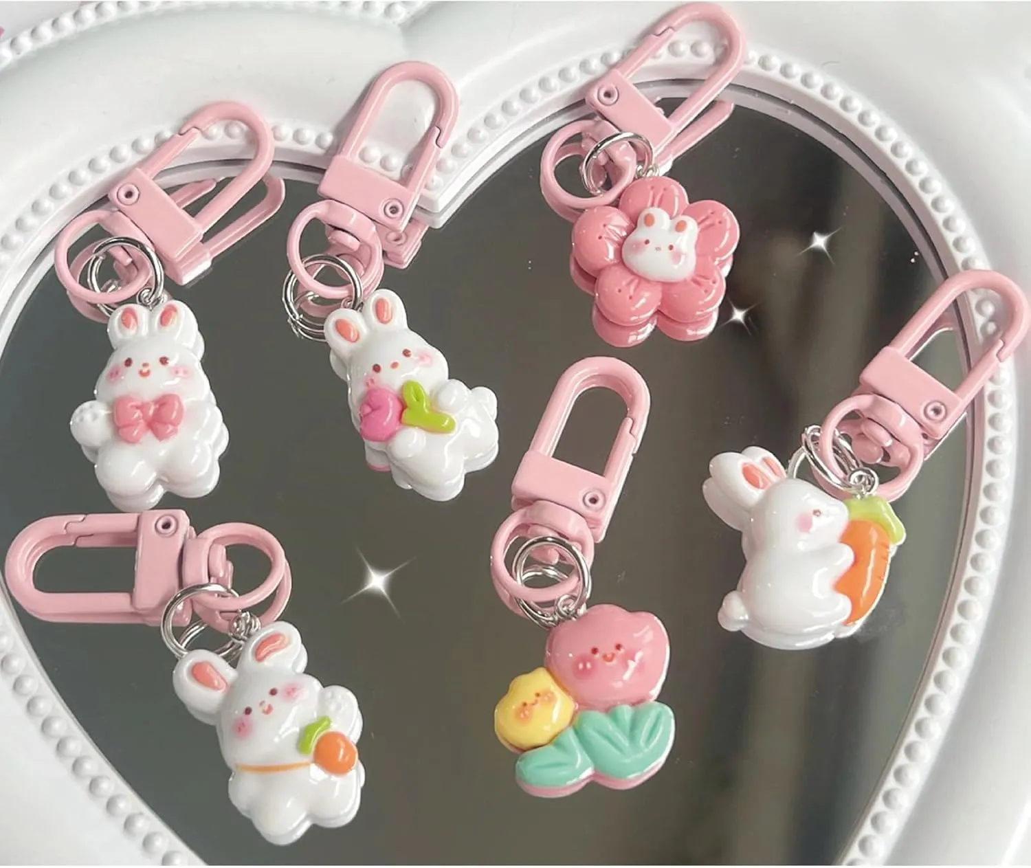 6 Pcs Cute Rabbit Kawaii Bunny Keychain Accessories Bag Charm