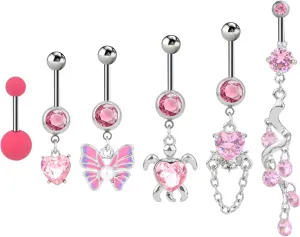 6pcs Belly Button Rings, Stainless Steel Dangle Belly Rings Diamond Belly Button Ring Bars Belly Button Piercing Jewelry Navel Rings for Women (Pink)