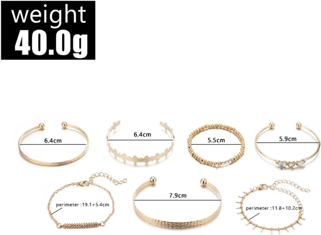 7Pcs Boho Gold Bracelets for Women - Vintage Cuff Bangles, Layered Stackable Link Chain, Beaded and Adjustable Rhinestone Bracelets - Dainty Jewelry Gifts