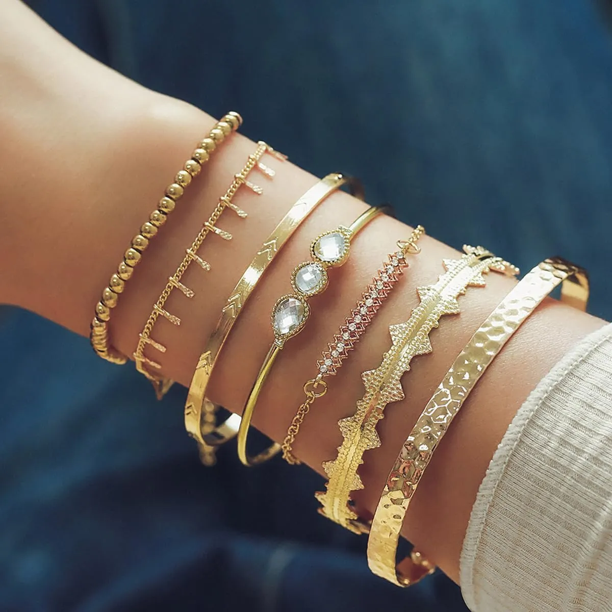 7Pcs Boho Gold Bracelets for Women - Vintage Cuff Bangles, Layered Stackable Link Chain, Beaded and Adjustable Rhinestone Bracelets - Dainty Jewelry Gifts