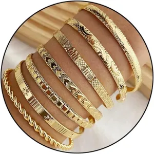 7Pcs Boho Gold Bracelets for Women - Vintage Cuff Bangles, Layered Stackable Link Chain, Beaded and Adjustable Rhinestone Bracelets - Dainty Jewelry Gifts