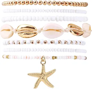 7pcs Summer Beach Bracelets for Women, Stackable Shell Seashell Starfish Beaded Surfer Bracelets Set Boho Seaside Holiday Vacation Party Friendship Jewelry Gift