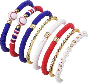 8 Pcs Baseball Game Day Bracelets Mom Bracelets Beaded Stretch Bracelets Stackable Sports Baseball Charm Bracelet Accessories for Women Outfit Jewelry Gifts