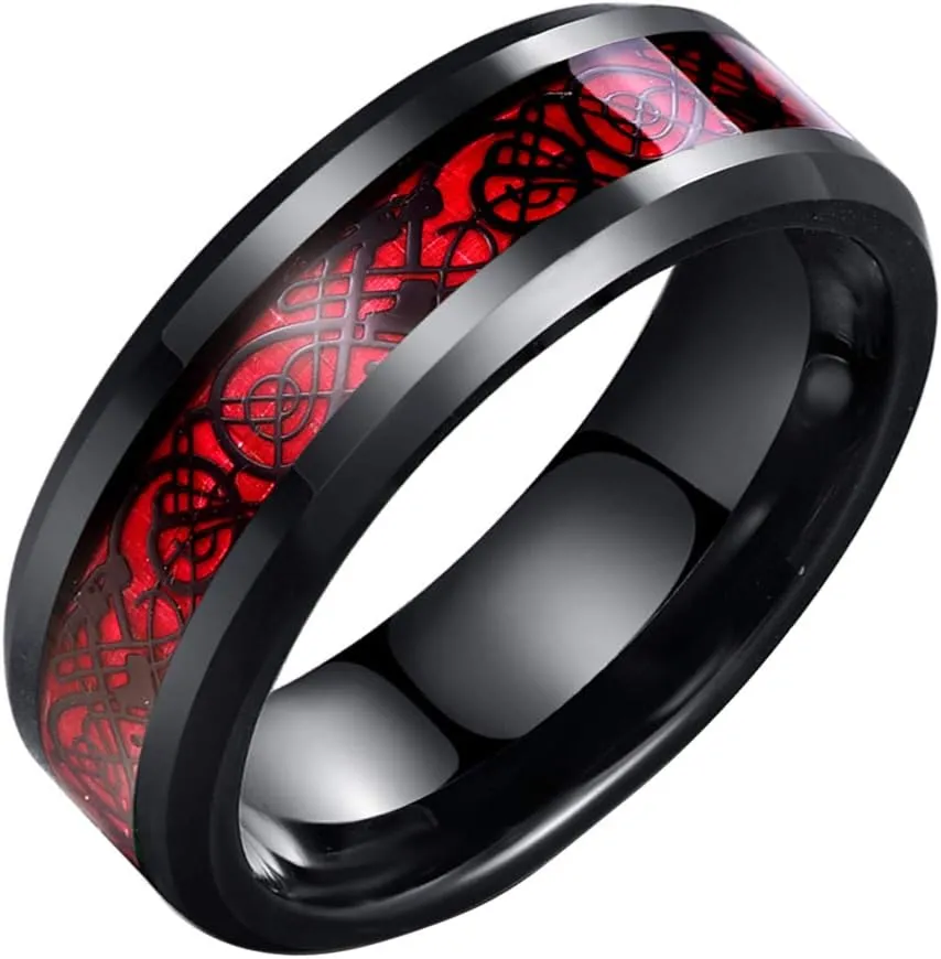 8mm Red Carbon Fiber Black Celtic Dragon Ring For Men Beveled Edges Wedding Band