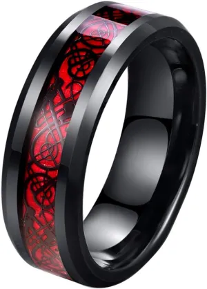 8mm Red Carbon Fiber Black Celtic Dragon Ring For Men Beveled Edges Wedding Band