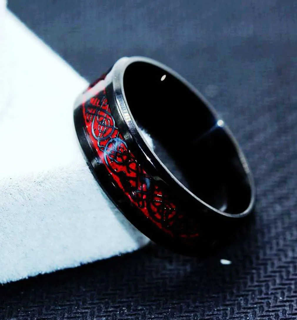 8mm Red Carbon Fiber Black Celtic Dragon Ring For Men Beveled Edges Wedding Band