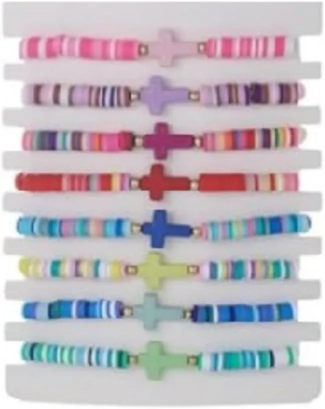 8Pcs Bohemian Rainbow Polymer Clay Cross Stretch Bracelets - Colorful Stackable Cross Beads Elastic Bracelet for Women - Summer Beach Friendship Jewelry Gifts