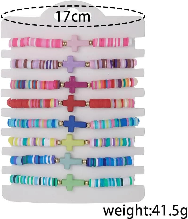 8Pcs Bohemian Rainbow Polymer Clay Cross Stretch Bracelets - Colorful Stackable Cross Beads Elastic Bracelet for Women - Summer Beach Friendship Jewelry Gifts