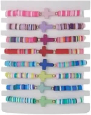 8Pcs Bohemian Rainbow Polymer Clay Cross Stretch Bracelets - Colorful Stackable Cross Beads Elastic Bracelet for Women - Summer Beach Friendship Jewelry Gifts