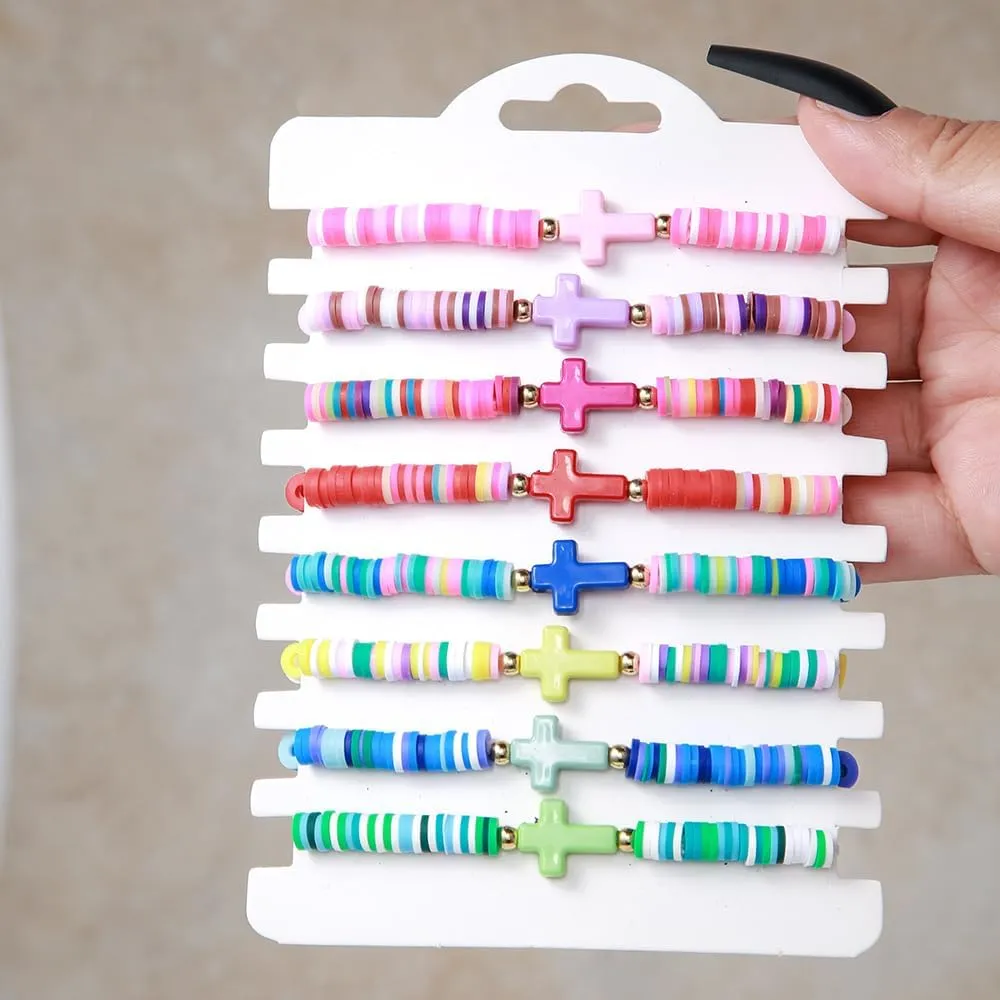 8Pcs Bohemian Rainbow Polymer Clay Cross Stretch Bracelets - Colorful Stackable Cross Beads Elastic Bracelet for Women - Summer Beach Friendship Jewelry Gifts