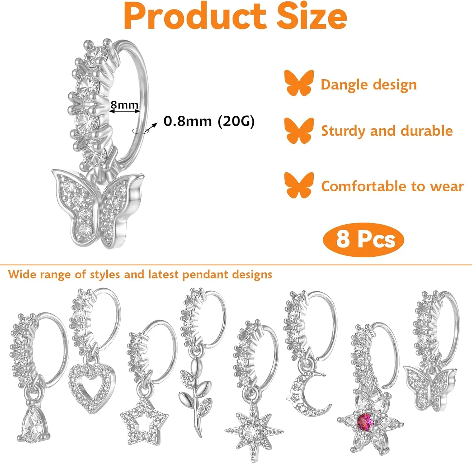 8pcs Dangle Nose Ring Hoop for Women Nose Hoop Dangling Nose Piercing Jewelry Cartilage Earring Cute CZ Flower Leaf Heart Star Butterfly Shape Nose Rings Hoops