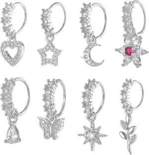 8pcs Dangle Nose Ring Hoop for Women Nose Hoop Dangling Nose Piercing Jewelry Cartilage Earring Cute CZ Flower Leaf Heart Star Butterfly Shape Nose Rings Hoops