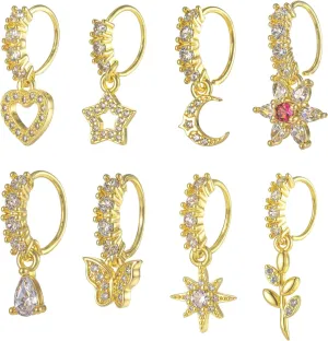8pcs Dangle Nose Ring Hoop for Women Nose Hoop Dangling Nose Piercing Jewelry Cartilage Earring Cute CZ Flower Leaf Heart Star Butterfly Shape Nose Rings Hoops