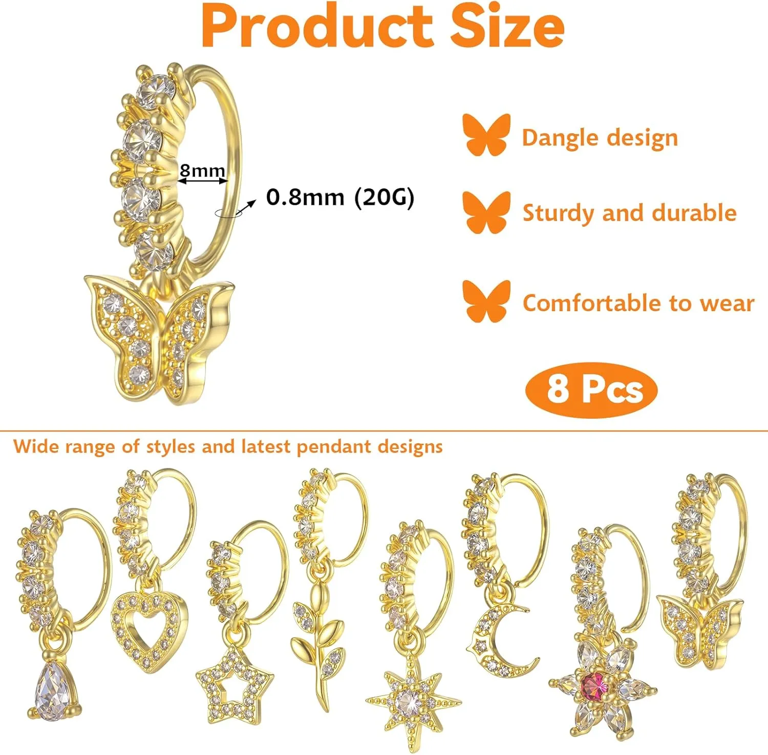 8pcs Dangle Nose Ring Hoop for Women Nose Hoop Dangling Nose Piercing Jewelry Cartilage Earring Cute CZ Flower Leaf Heart Star Butterfly Shape Nose Rings Hoops