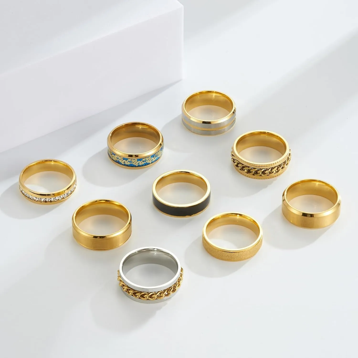 9 pieces/set men's golden/silver ring set (2 of which chain rotating rings relieve anxiety and stress) trendy and fashionable women's couple stainless steel rings