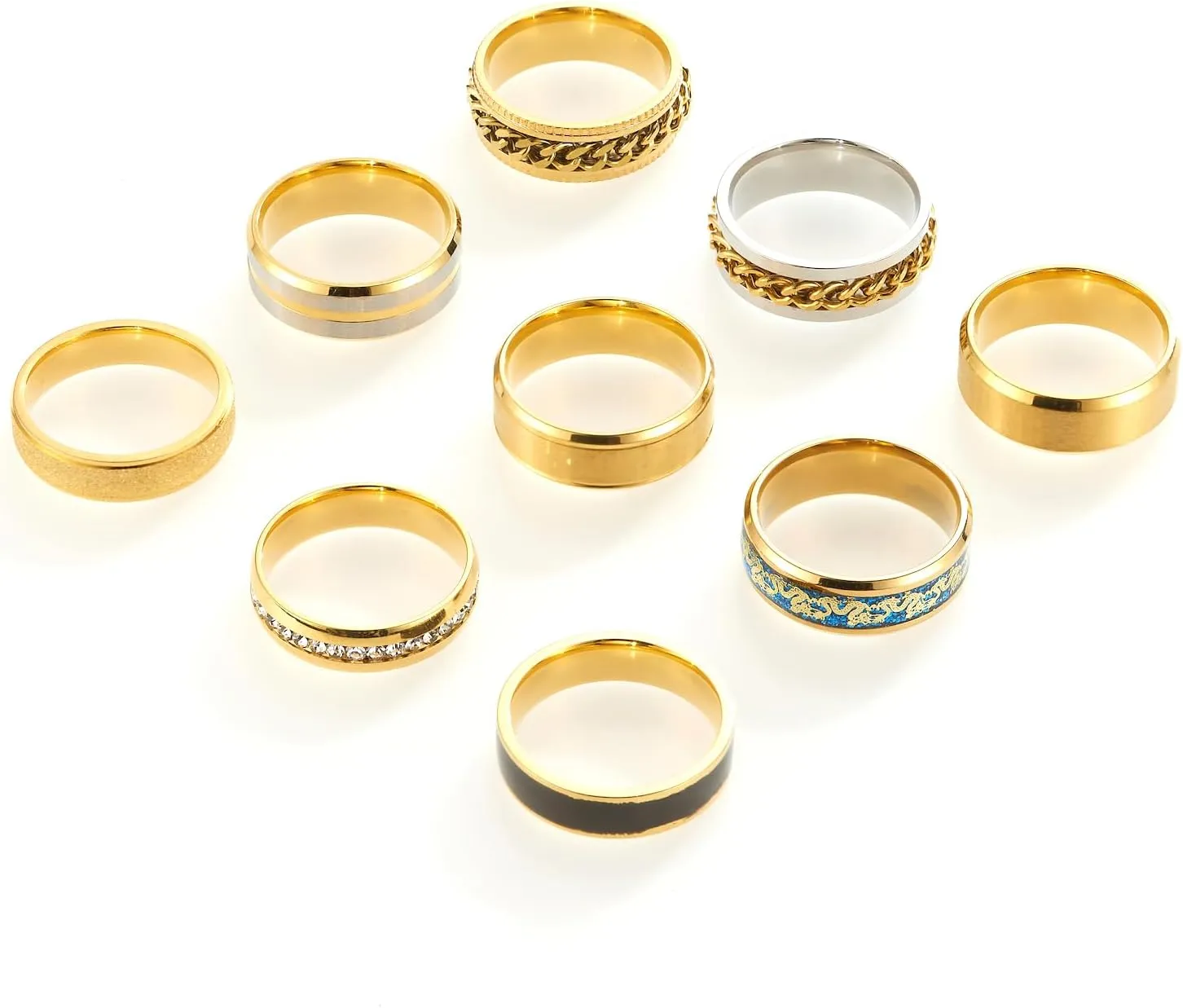 9 pieces/set men's golden/silver ring set (2 of which chain rotating rings relieve anxiety and stress) trendy and fashionable women's couple stainless steel rings