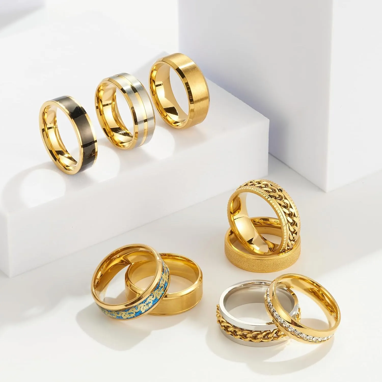 9 pieces/set men's golden/silver ring set (2 of which chain rotating rings relieve anxiety and stress) trendy and fashionable women's couple stainless steel rings