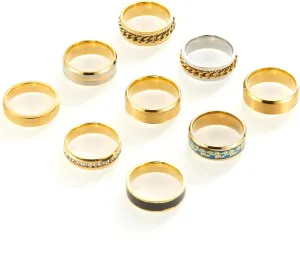 9 pieces/set men's golden/silver ring set (2 of which chain rotating rings relieve anxiety and stress) trendy and fashionable women's couple stainless steel rings
