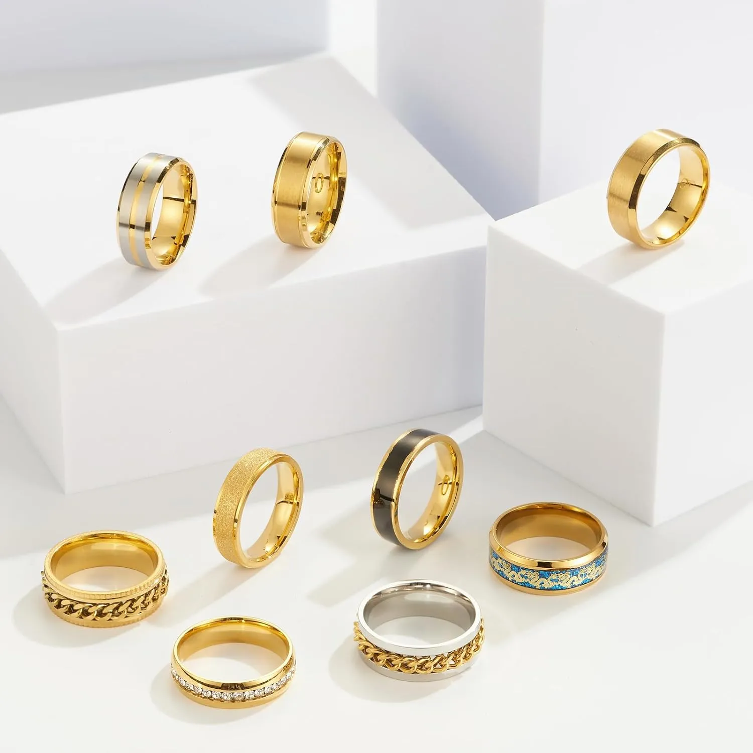 9 pieces/set men's golden/silver ring set (2 of which chain rotating rings relieve anxiety and stress) trendy and fashionable women's couple stainless steel rings