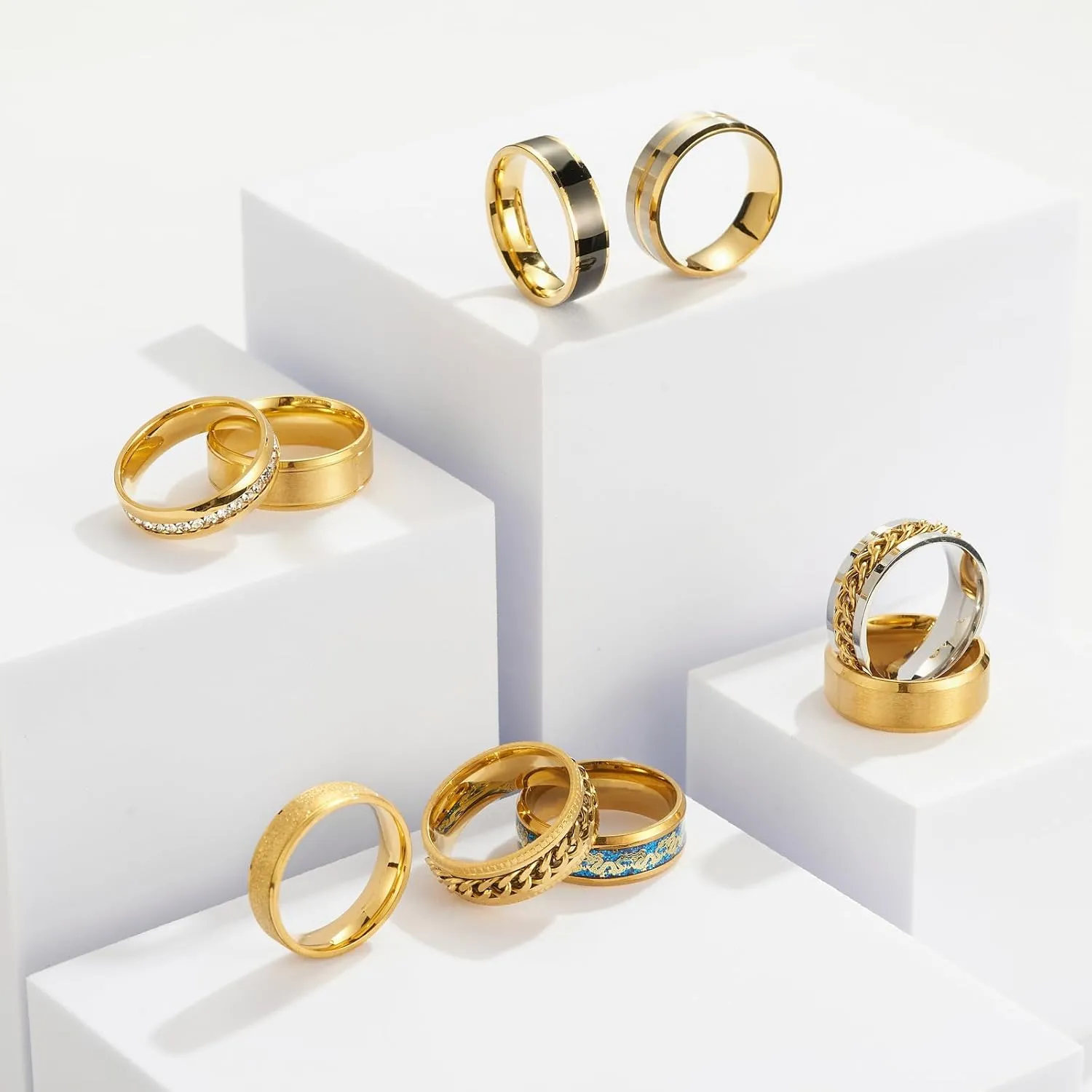 9 pieces/set men's golden/silver ring set (2 of which chain rotating rings relieve anxiety and stress) trendy and fashionable women's couple stainless steel rings
