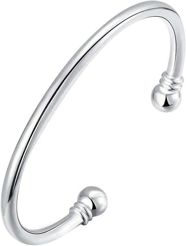 925 Sterling Silver Bangle Bracelet, Fashion Simple Open Bangles Two Bead Cuff Jewelry for Men Women