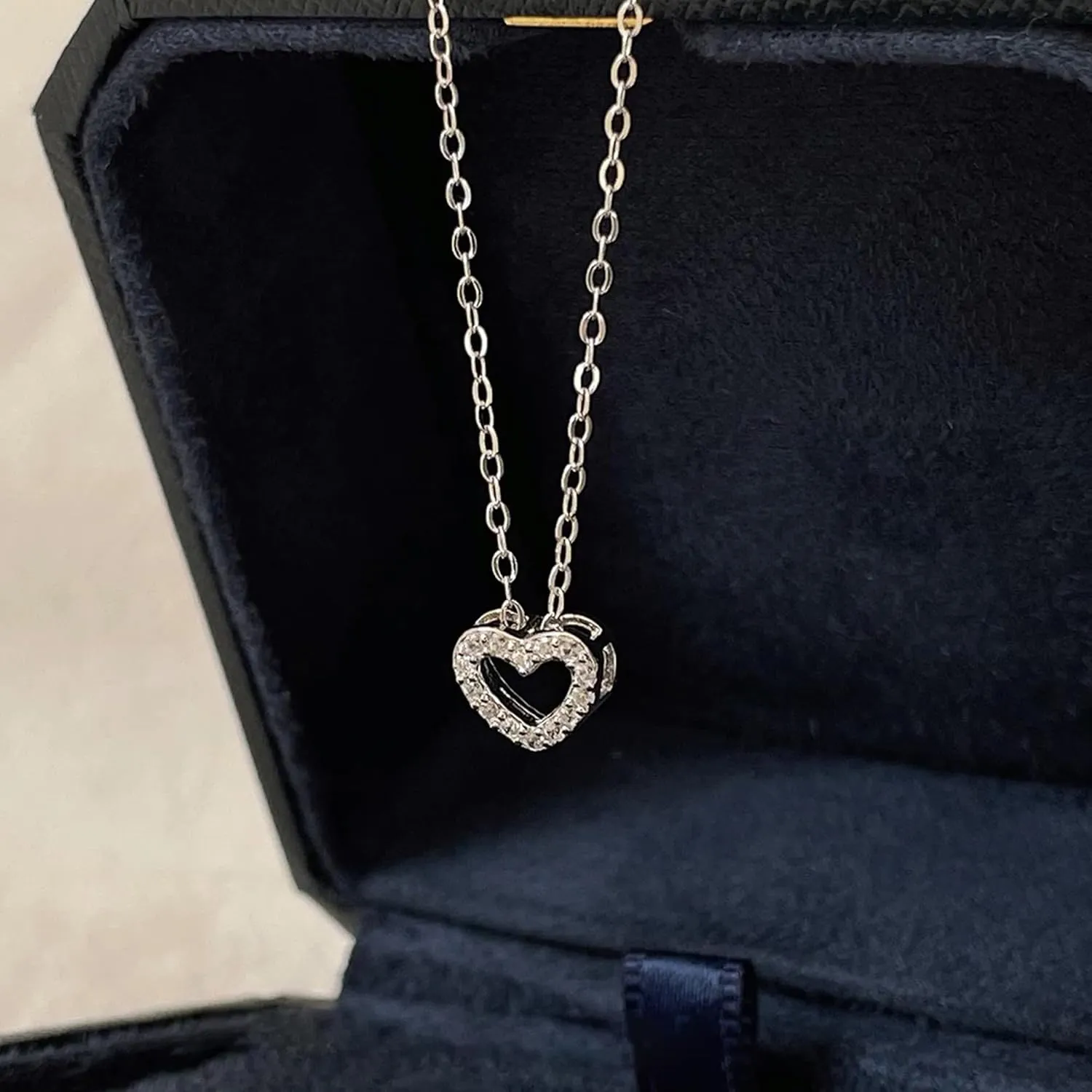 925 Sterling Silver CZ Heart Chain Necklace for Women 14K Gold Plated Cute Dainty Love Pendant Necklaces for Mom Daughter Hollw Heart Choker Wedding Graduation Season Gift Prom Brides Jewelry for Her