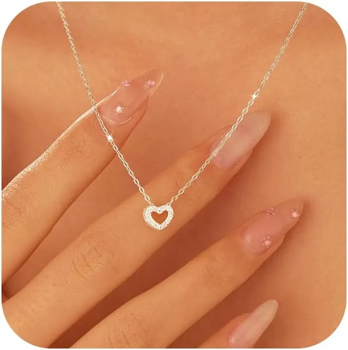 925 Sterling Silver CZ Heart Chain Necklace for Women 14K Gold Plated Cute Dainty Love Pendant Necklaces for Mom Daughter Hollw Heart Choker Wedding Graduation Season Gift Prom Brides Jewelry for Her