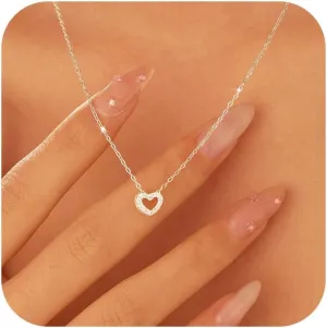 925 Sterling Silver CZ Heart Chain Necklace for Women 14K Gold Plated Cute Dainty Love Pendant Necklaces for Mom Daughter Hollw Heart Choker Wedding Graduation Season Gift Prom Brides Jewelry for Her