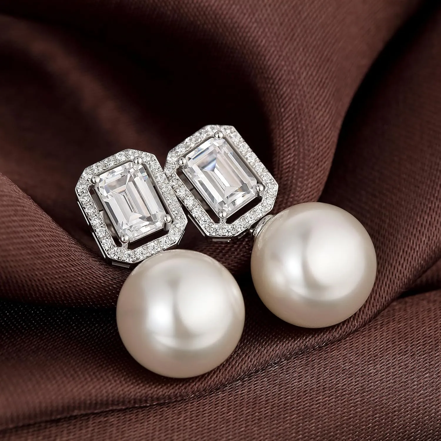 925 Sterling Silver Pearl Earrings for Women Cubic Zirconia Diamond Pearl Stud Earrings, 12MM Simulated Pearl Jewelry, Mother's Day/Birthday Gift for Her