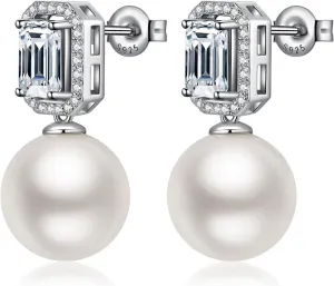 925 Sterling Silver Pearl Earrings for Women Cubic Zirconia Diamond Pearl Stud Earrings, 12MM Simulated Pearl Jewelry, Mother's Day/Birthday Gift for Her
