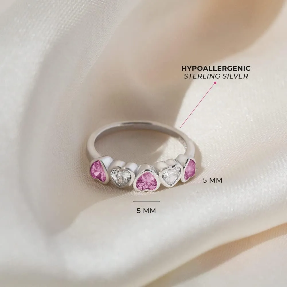 925 Sterling Silver Pink & Clear Hearts Cubic Zirconia Ring for Young Girls & Preteens - Cute Heart CZ Ring Band for Children's Daily Accessory - Fashionable Jewelries for Toddlers or Little Girls